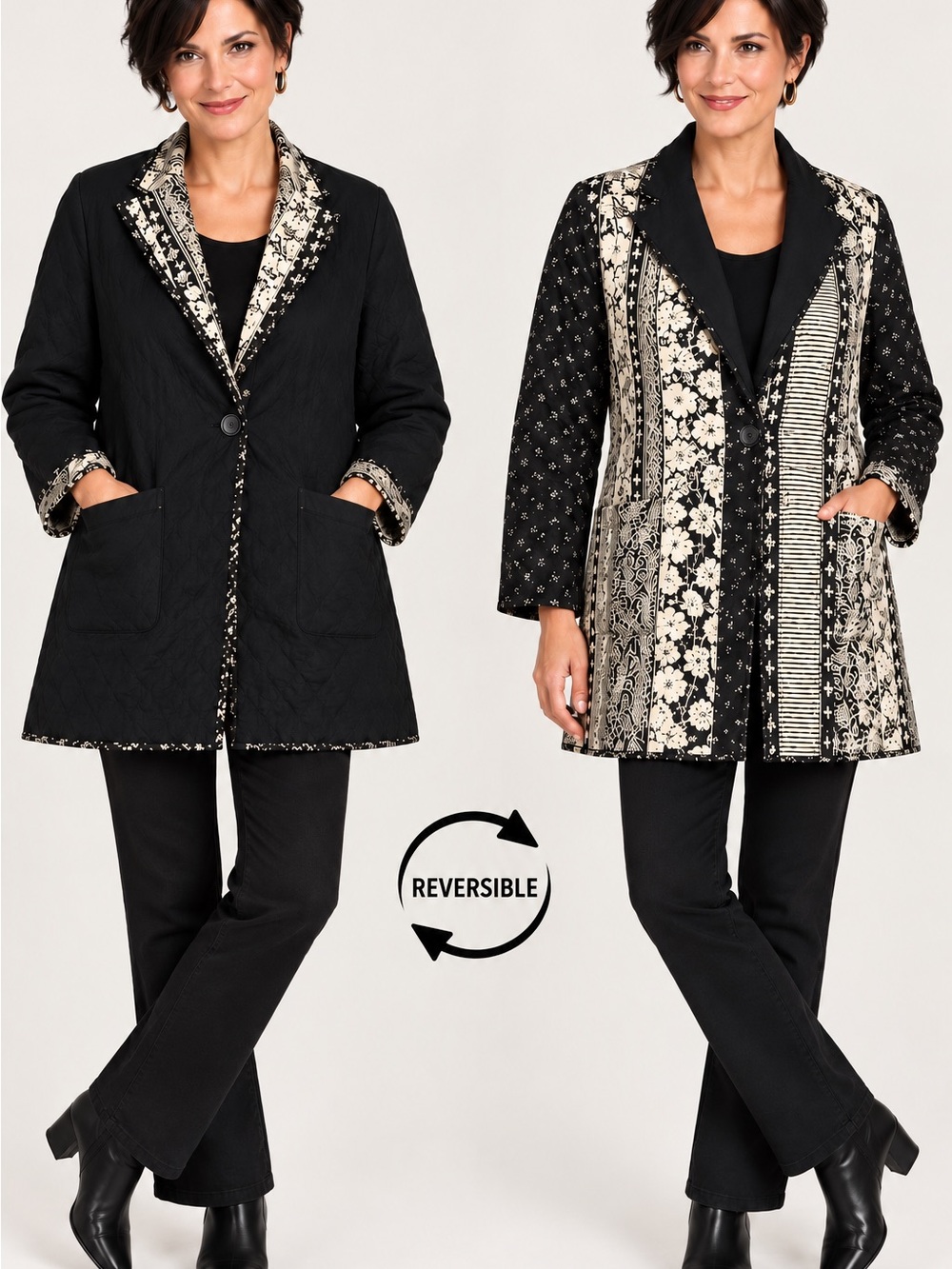 KOOS of Course Reversible Jacket Size S Black and Ivory Quilted